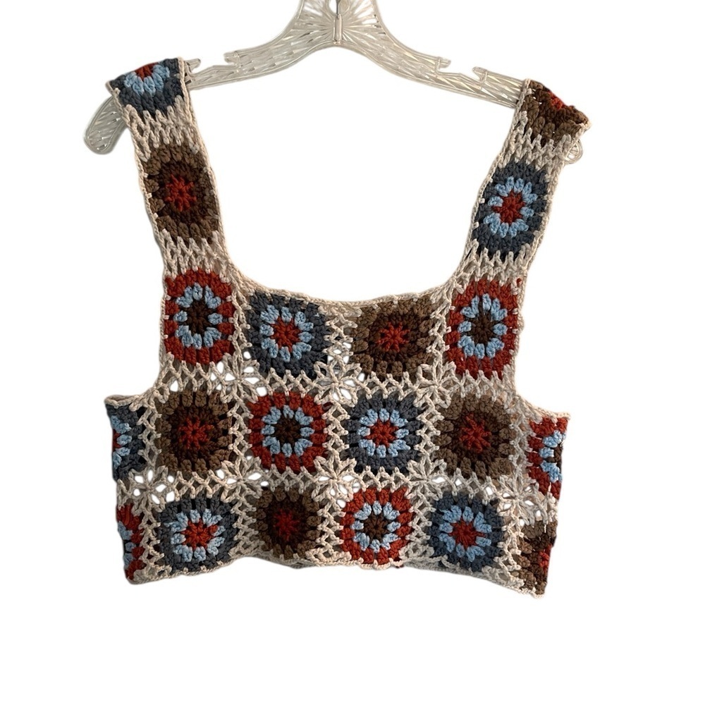 RSQ Granny Square Crochet Crop Tank Medium Boho Festival 70s Retro Floral Top - Picture 8 of 8